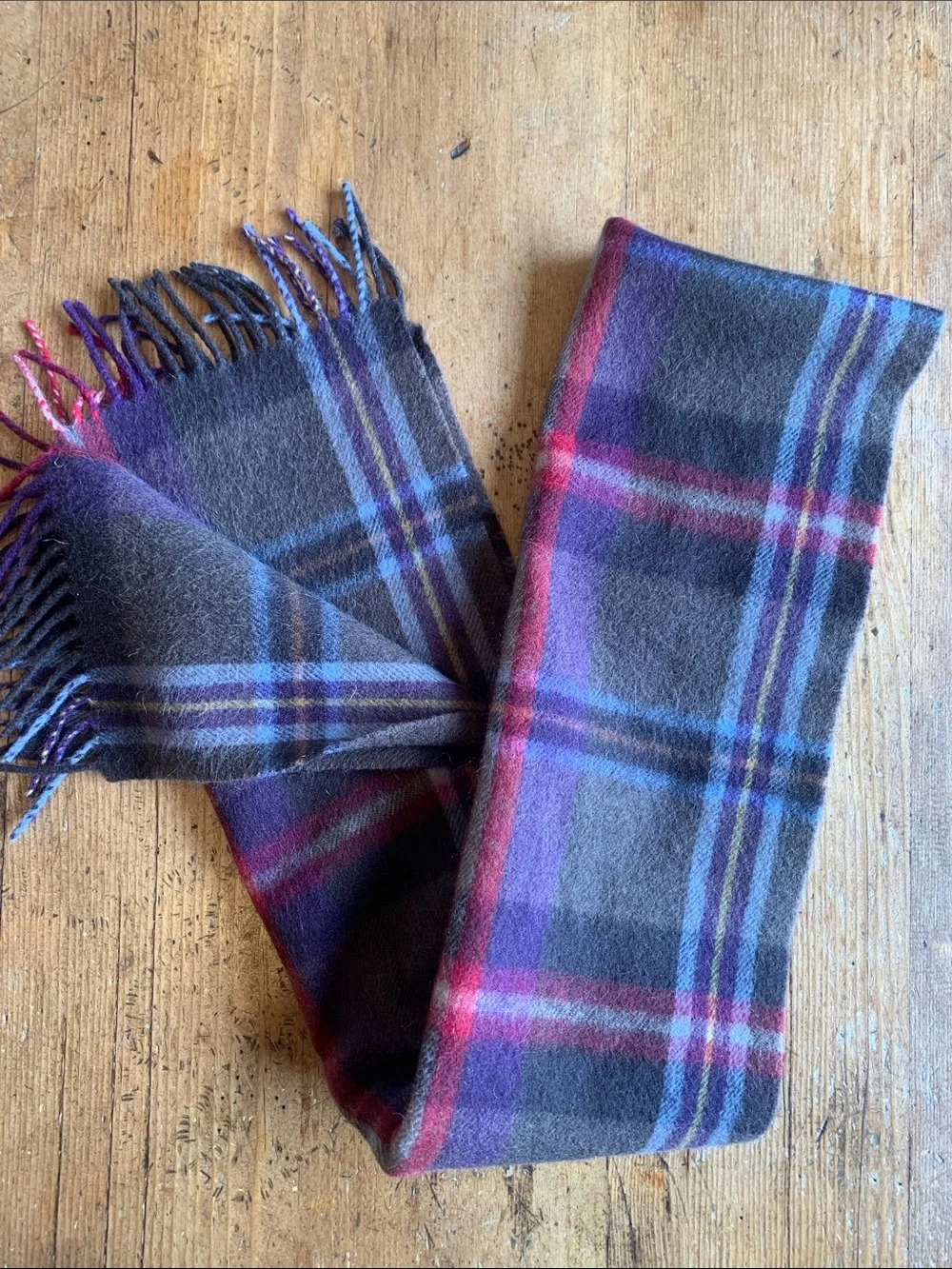 Mountain Horse Wool Blend Plaid Fringe Wool Blend Scarf in Gray, Purple & Red